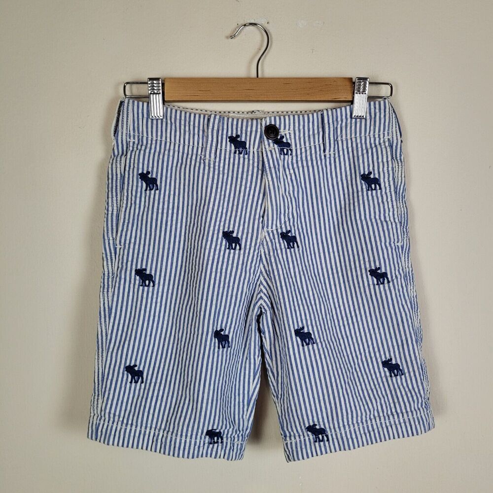 Abercrombie Kids Shorts 12 Blue White Stripes Seersucker Moose Print Chino